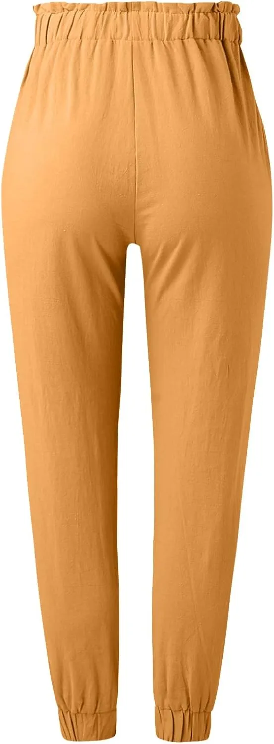 Women's Solid Color Fitted Elastic High Waist Joggers Summer Cotton Linen Soft Straight Leg Pockets Sweatpants Trousers