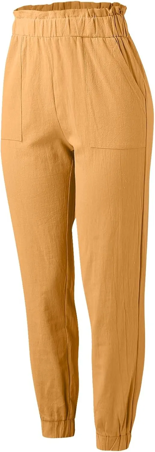 Women's Solid Color Fitted Elastic High Waist Joggers Summer Cotton Linen Soft Straight Leg Pockets Sweatpants Trousers