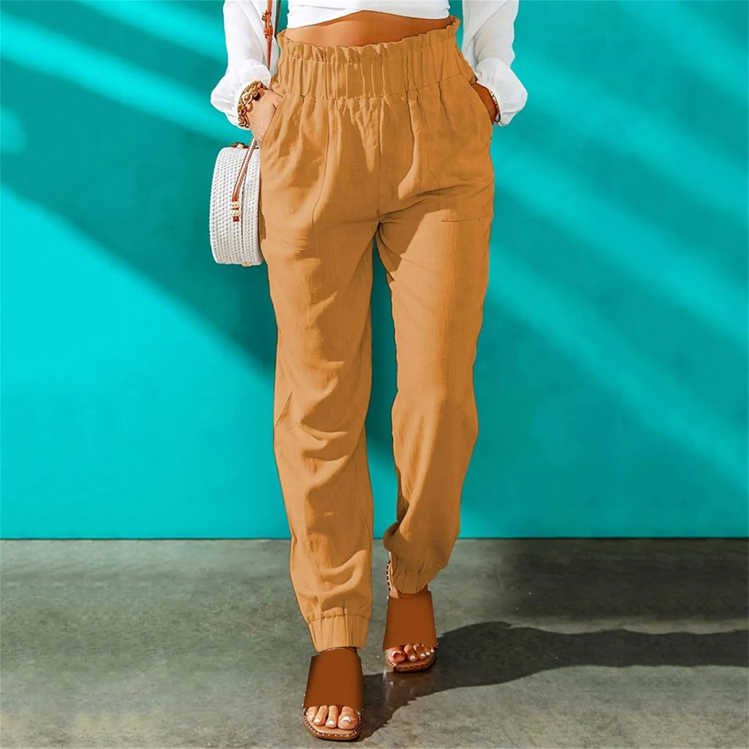 Women's Solid Color Fitted Elastic High Waist Joggers Summer Cotton Linen Soft Straight Leg Pockets Sweatpants Trousers