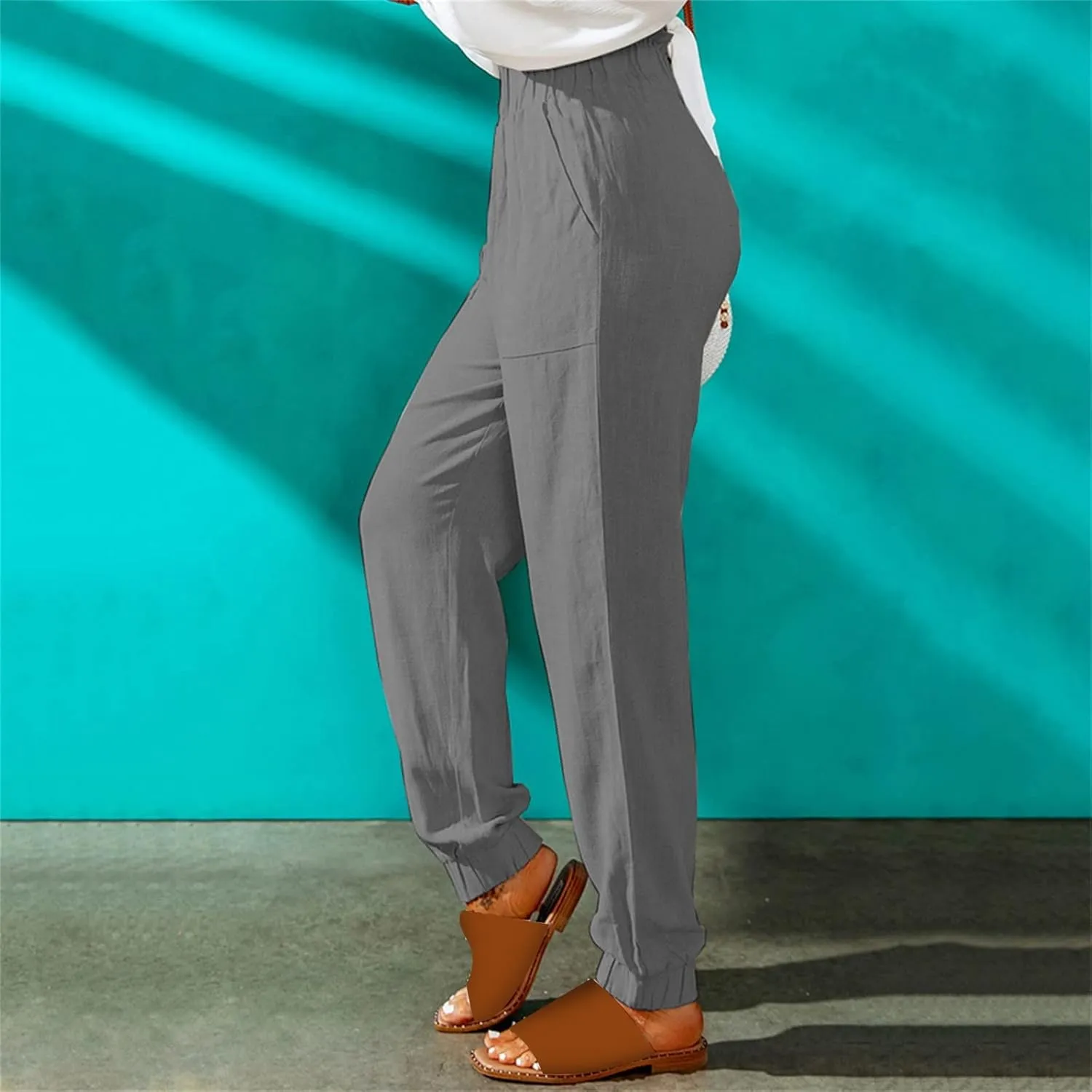 Women's Solid Color Fitted Elastic High Waist Joggers Summer Cotton Linen Soft Straight Leg Pockets Sweatpants Trousers