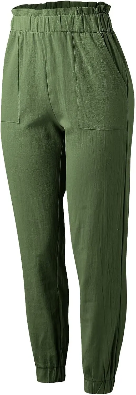 Women's Solid Color Fitted Elastic High Waist Joggers Summer Cotton Linen Soft Straight Leg Pockets Sweatpants Trousers