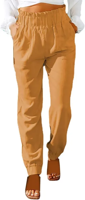 Women's Solid Color Fitted Elastic High Waist Joggers Summer Cotton Linen Soft Straight Leg Pockets Sweatpants Trousers
