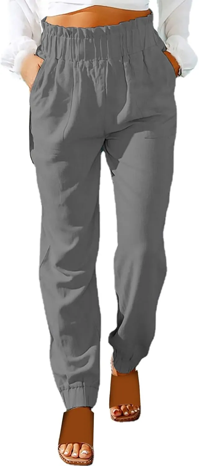 Women's Solid Color Fitted Elastic High Waist Joggers Summer Cotton Linen Soft Straight Leg Pockets Sweatpants Trousers