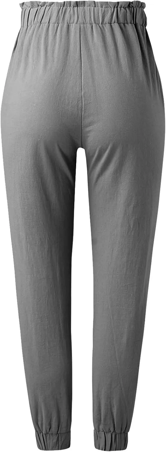 Women's Solid Color Fitted Elastic High Waist Joggers Summer Cotton Linen Soft Straight Leg Pockets Sweatpants Trousers