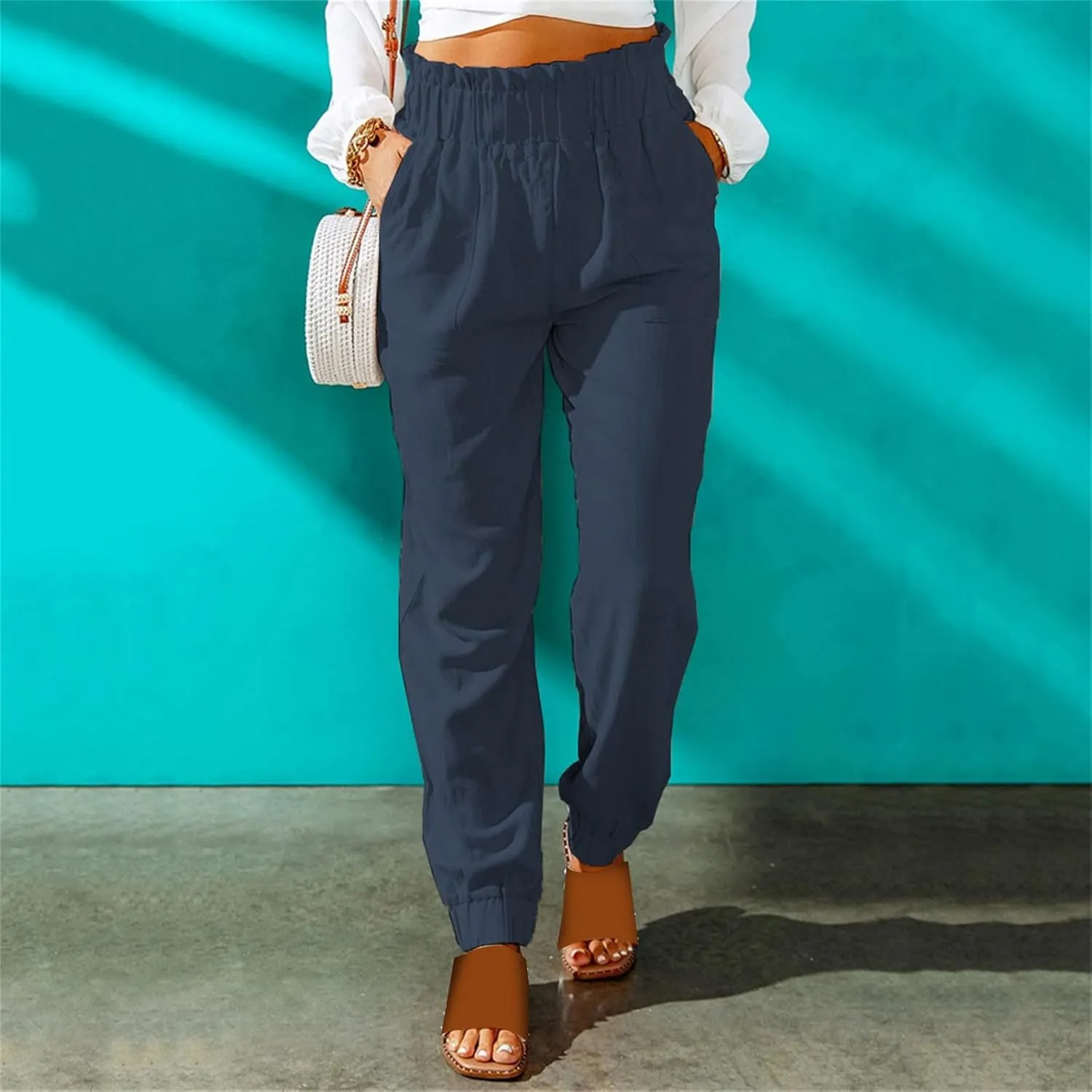 Women's Solid Color Fitted Elastic High Waist Joggers Summer Cotton Linen Soft Straight Leg Pockets Sweatpants Trousers