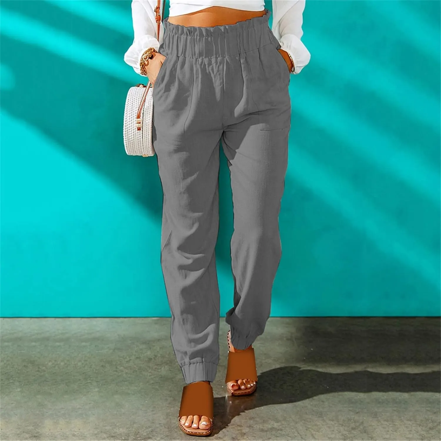 Women's Solid Color Fitted Elastic High Waist Joggers Summer Cotton Linen Soft Straight Leg Pockets Sweatpants Trousers