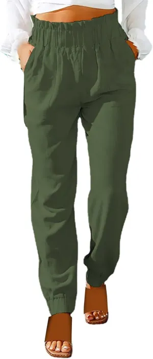 Women's Solid Color Fitted Elastic High Waist Joggers Summer Cotton Linen Soft Straight Leg Pockets Sweatpants Trousers