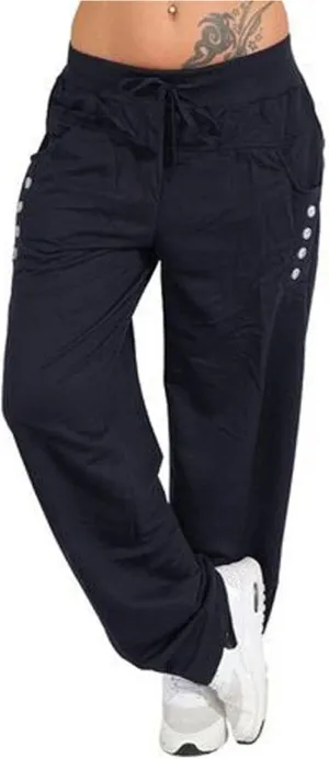 Womens Solid Color Loose Straight Leg Sports Casual Long Trousers Side Decorative Buttons Comfy Baggy Drawstring