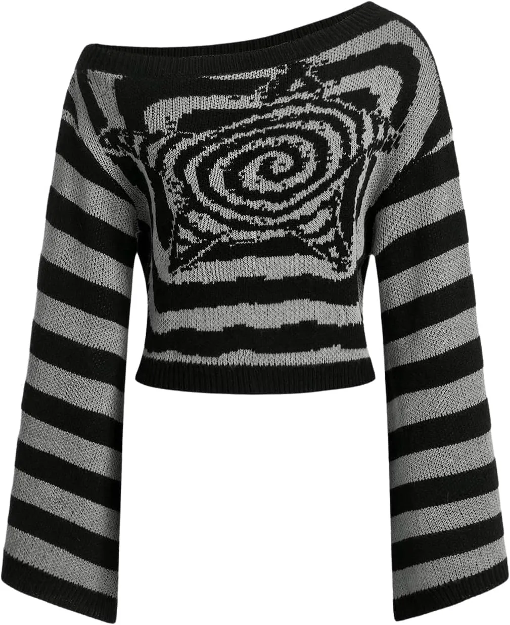 Women's Striped Knitted Sweater Y2K Punk Long Flare Sleeve Asymmetrical Neck Pullover Top