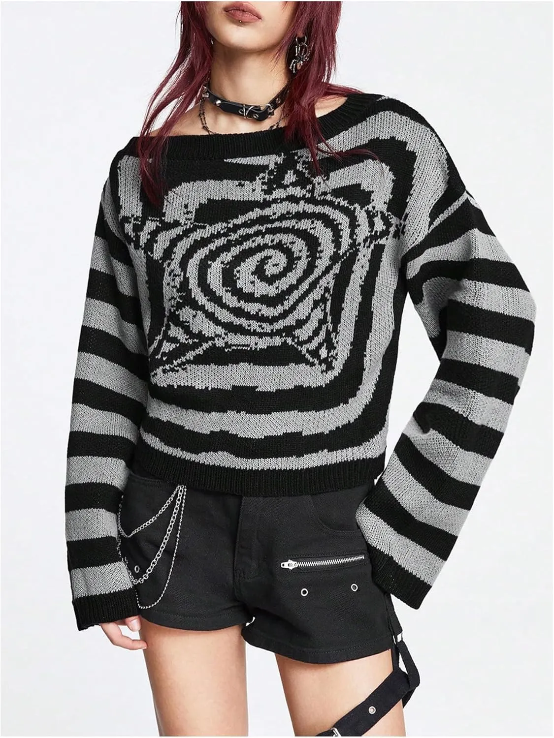 Women's Striped Knitted Sweater Y2K Punk Long Flare Sleeve Asymmetrical Neck Pullover Top