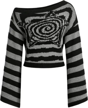 Women's Striped Knitted Sweater Y2K Punk Long Flare Sleeve Asymmetrical Neck Pullover Top
