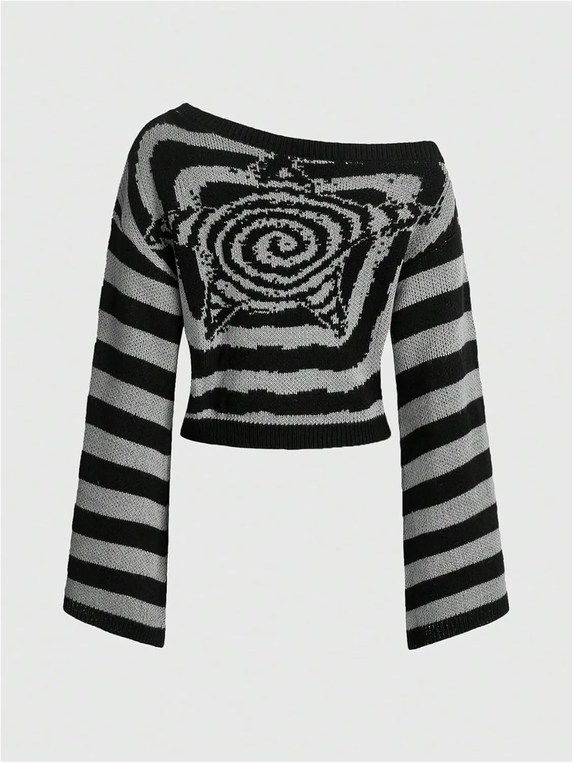 Women's Striped Knitted Sweater Y2K Punk Long Flare Sleeve Asymmetrical Neck Pullover Top