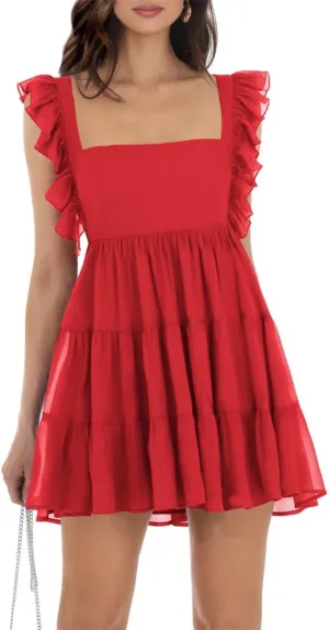 Women’s Summer Square Neck Tie Back Ruffle Sleeve Tiered Casual A-Line Short Mini Dress