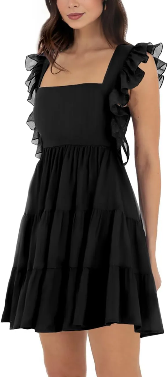 Women’s Summer Square Neck Tie Back Ruffle Sleeve Tiered Casual A-Line Short Mini Dress