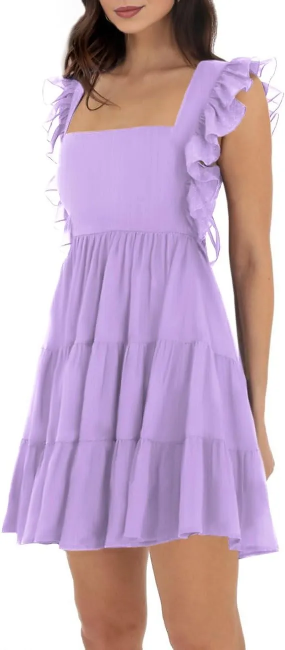 Women’s Summer Square Neck Tie Back Ruffle Sleeve Tiered Casual A-Line Short Mini Dress