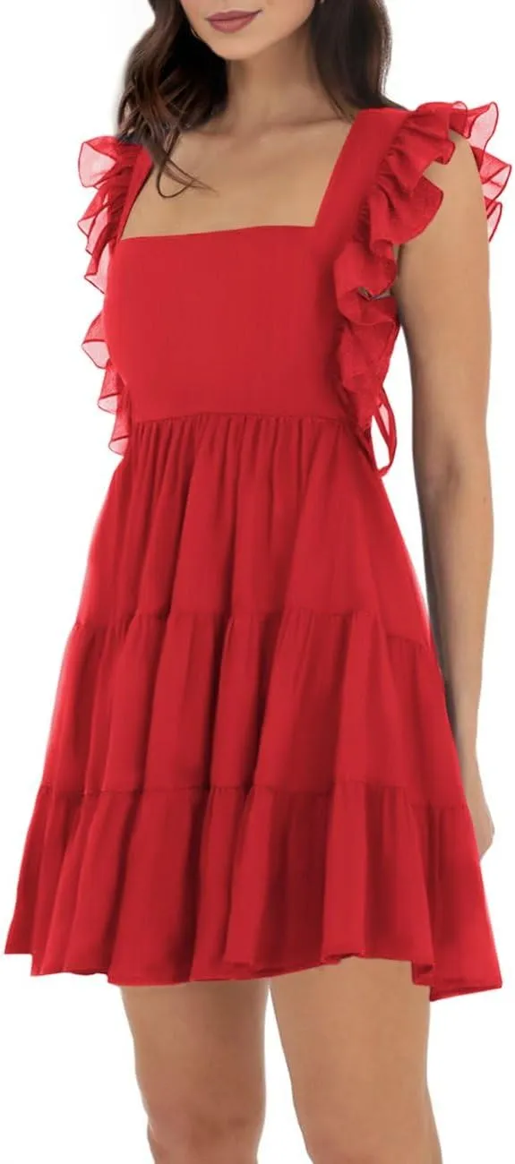 Women’s Summer Square Neck Tie Back Ruffle Sleeve Tiered Casual A-Line Short Mini Dress