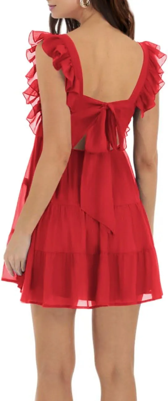 Women’s Summer Square Neck Tie Back Ruffle Sleeve Tiered Casual A-Line Short Mini Dress