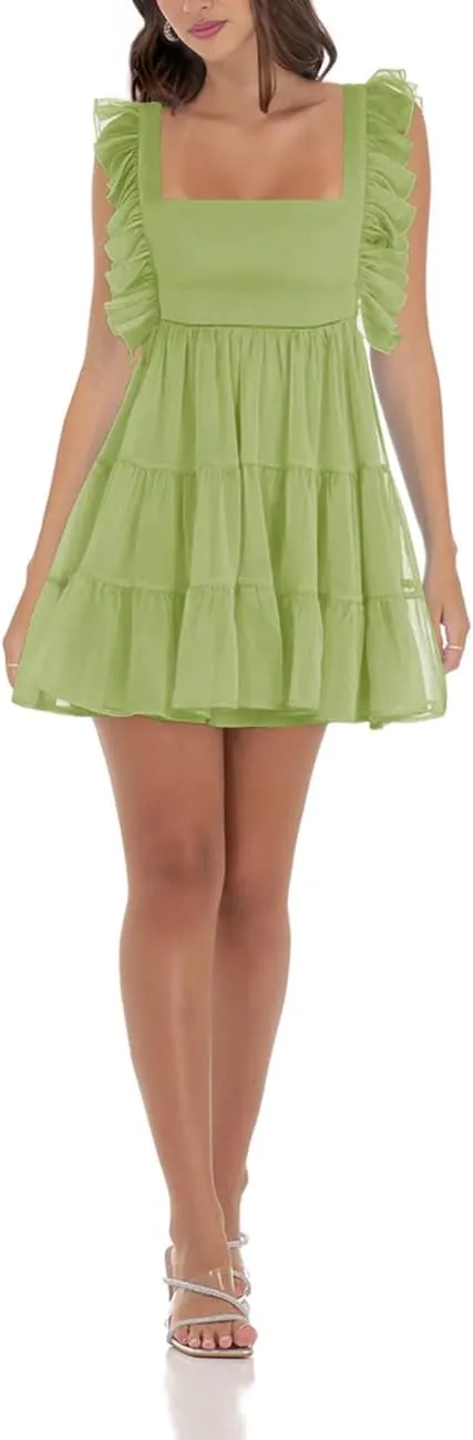 Women’s Summer Square Neck Tie Back Ruffle Sleeve Tiered Casual A-Line Short Mini Dress
