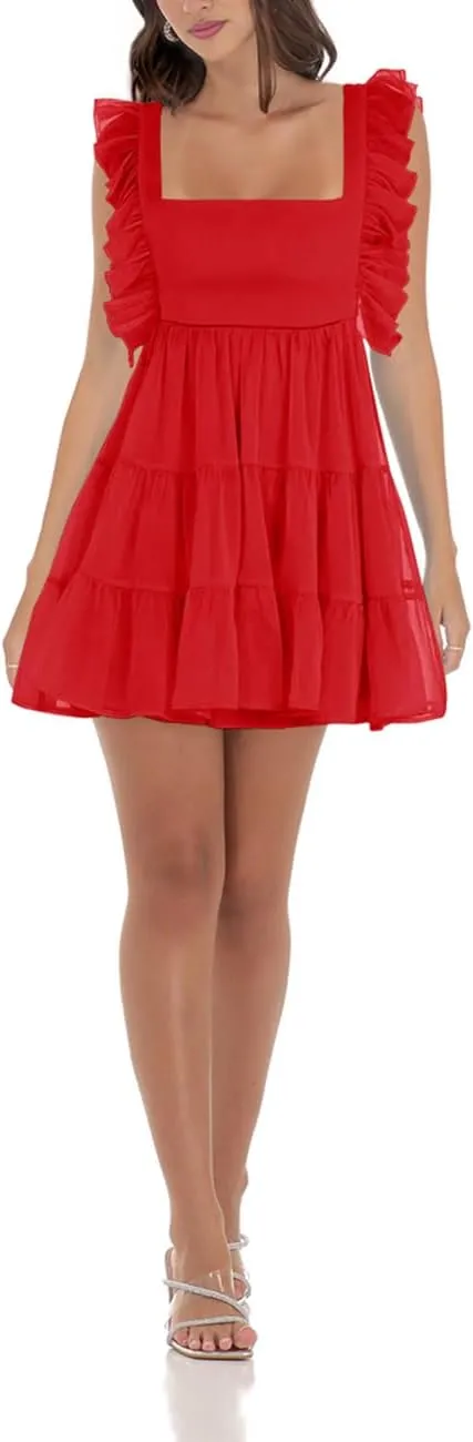 Women’s Summer Square Neck Tie Back Ruffle Sleeve Tiered Casual A-Line Short Mini Dress