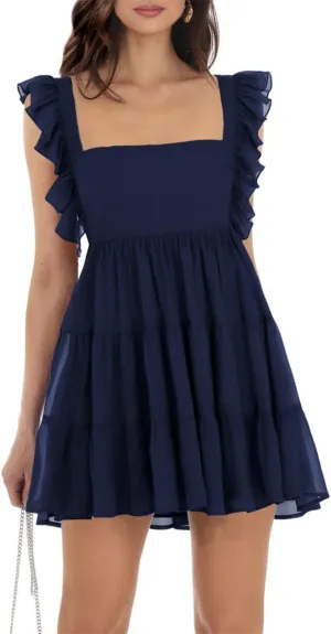 Women’s Summer Square Neck Tie Back Ruffle Sleeve Tiered Casual A-Line Short Mini Dress