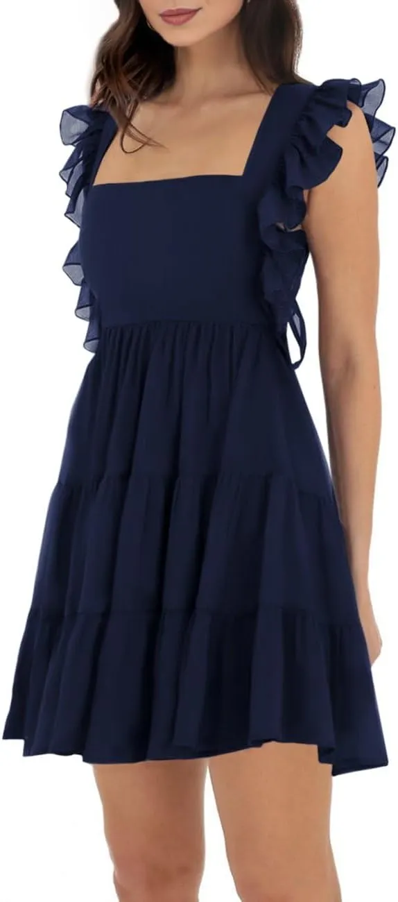 Women’s Summer Square Neck Tie Back Ruffle Sleeve Tiered Casual A-Line Short Mini Dress