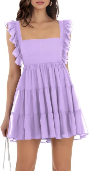 Women’s Summer Square Neck Tie Back Ruffle Sleeve Tiered Casual A-Line Short Mini Dress