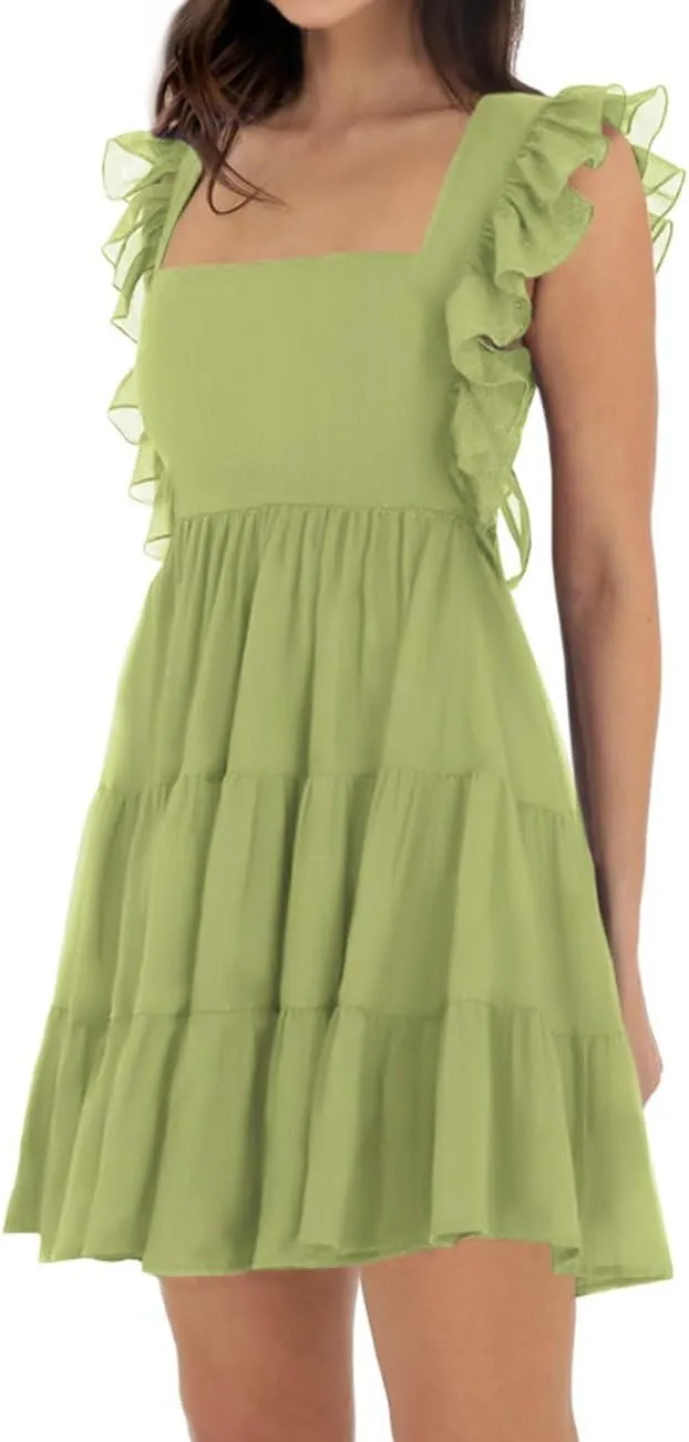 Women’s Summer Square Neck Tie Back Ruffle Sleeve Tiered Casual A-Line Short Mini Dress