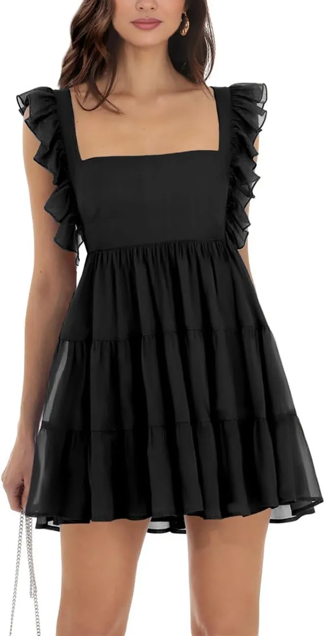 Women’s Summer Square Neck Tie Back Ruffle Sleeve Tiered Casual A-Line Short Mini Dress