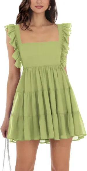Women’s Summer Square Neck Tie Back Ruffle Sleeve Tiered Casual A-Line Short Mini Dress