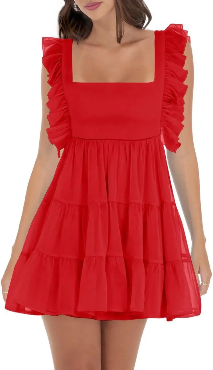 Women’s Summer Square Neck Tie Back Ruffle Sleeve Tiered Casual A-Line Short Mini Dress