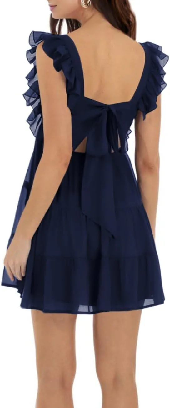 Women’s Summer Square Neck Tie Back Ruffle Sleeve Tiered Casual A-Line Short Mini Dress