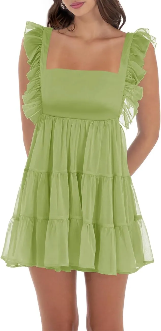 Women’s Summer Square Neck Tie Back Ruffle Sleeve Tiered Casual A-Line Short Mini Dress