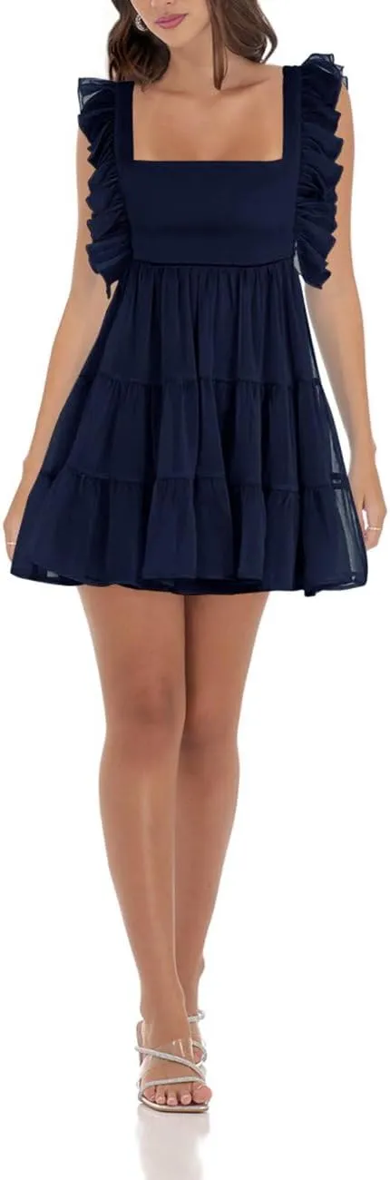 Women’s Summer Square Neck Tie Back Ruffle Sleeve Tiered Casual A-Line Short Mini Dress