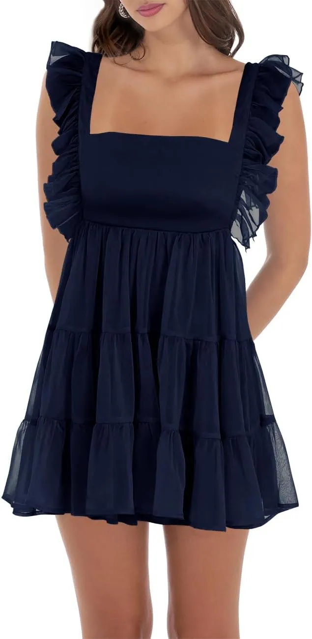 Women’s Summer Square Neck Tie Back Ruffle Sleeve Tiered Casual A-Line Short Mini Dress