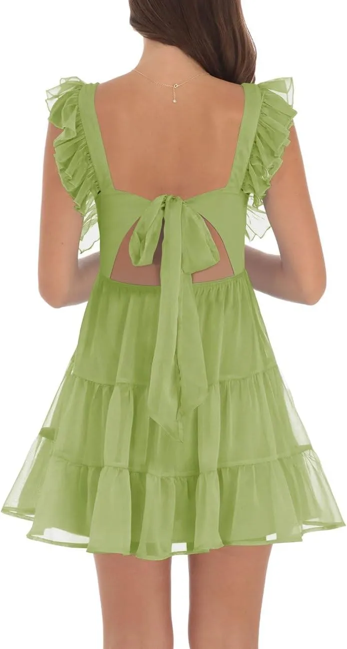 Women’s Summer Square Neck Tie Back Ruffle Sleeve Tiered Casual A-Line Short Mini Dress