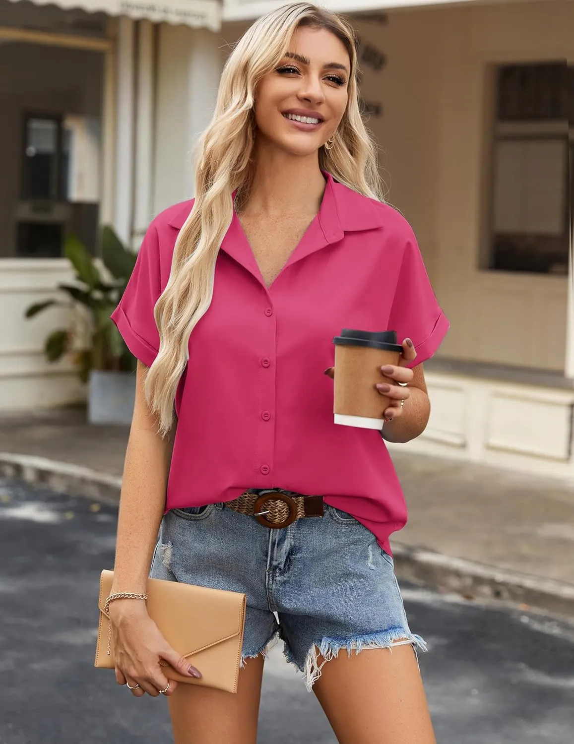 Zeagoo Short Sleeve Summer Tops for Women Casual Button Down Shirts Solid/Striped Business Work Blouses