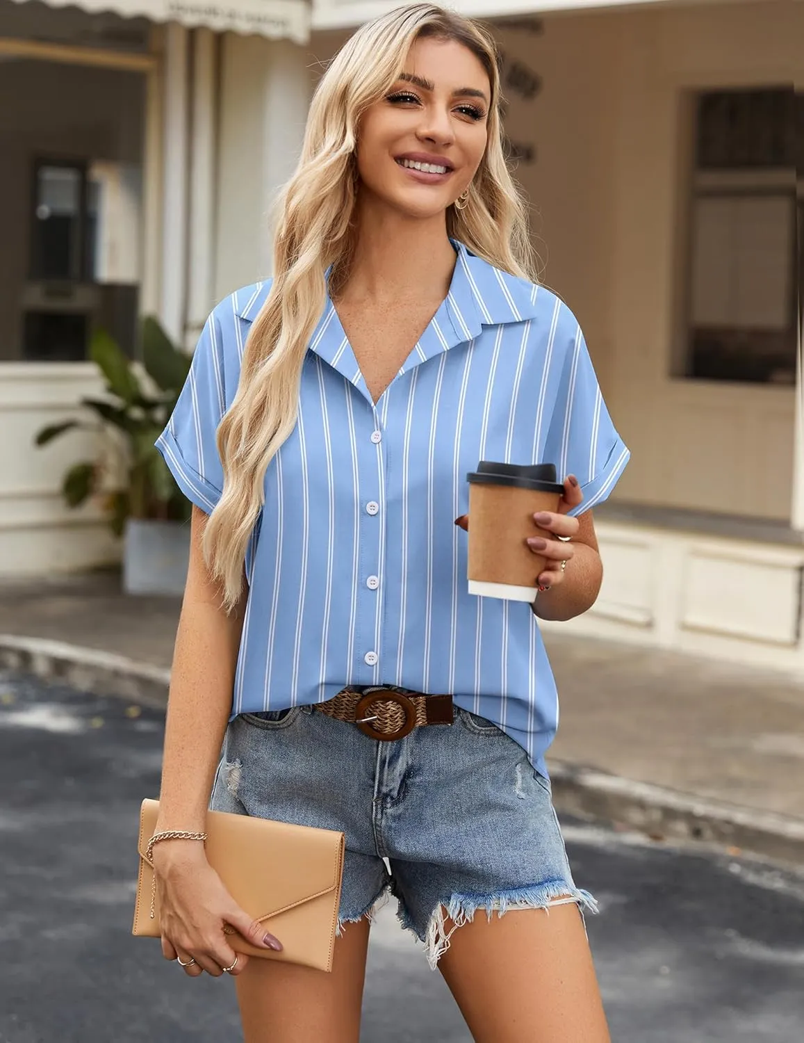 Zeagoo Short Sleeve Summer Tops for Women Casual Button Down Shirts Solid/Striped Business Work Blouses