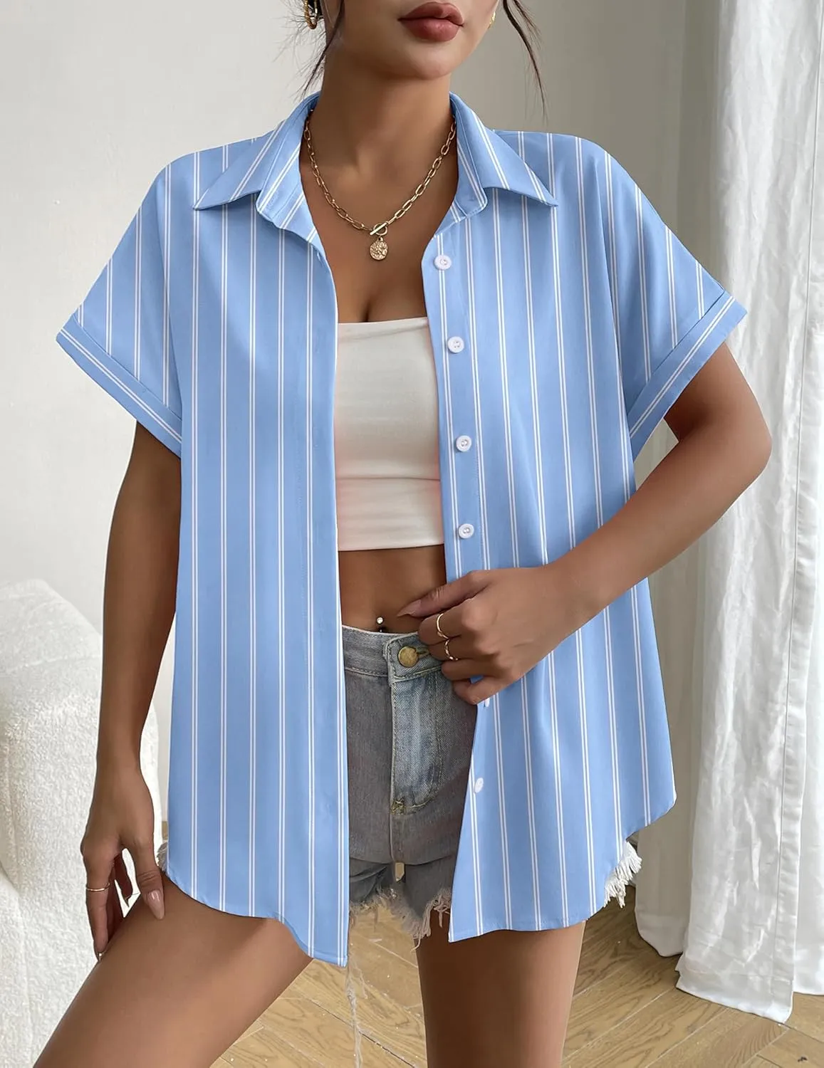 Zeagoo Short Sleeve Summer Tops for Women Casual Button Down Shirts Solid/Striped Business Work Blouses