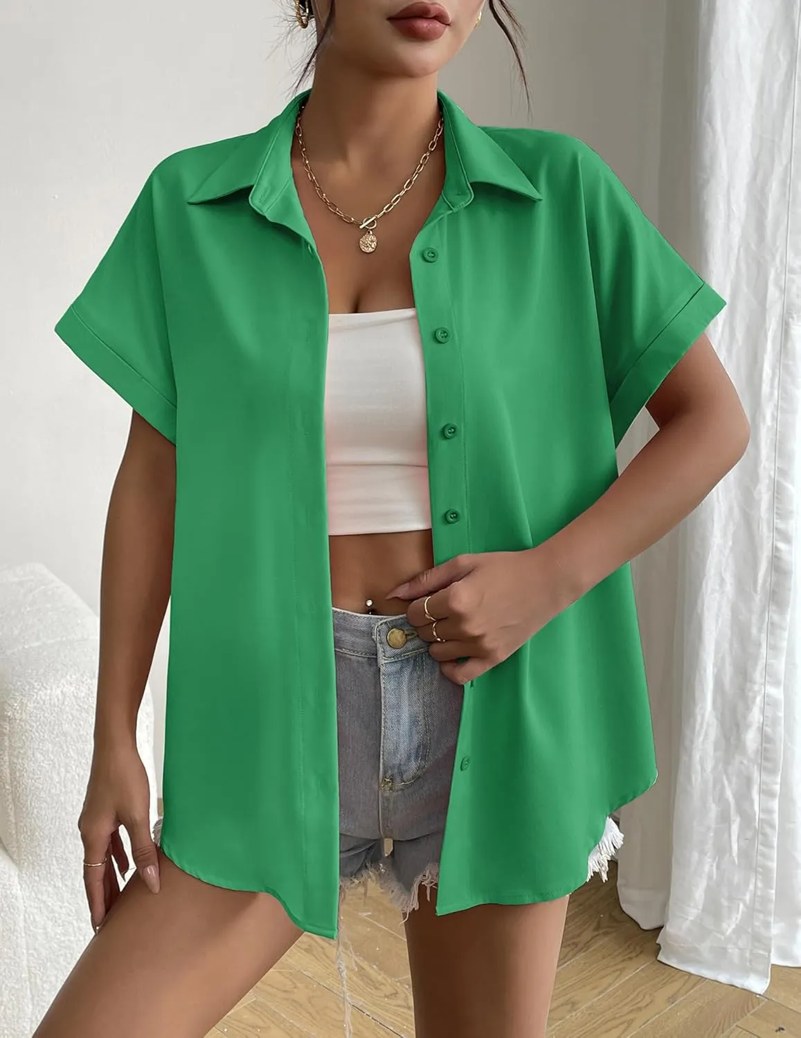 Zeagoo Short Sleeve Summer Tops for Women Casual Button Down Shirts Solid/Striped Business Work Blouses