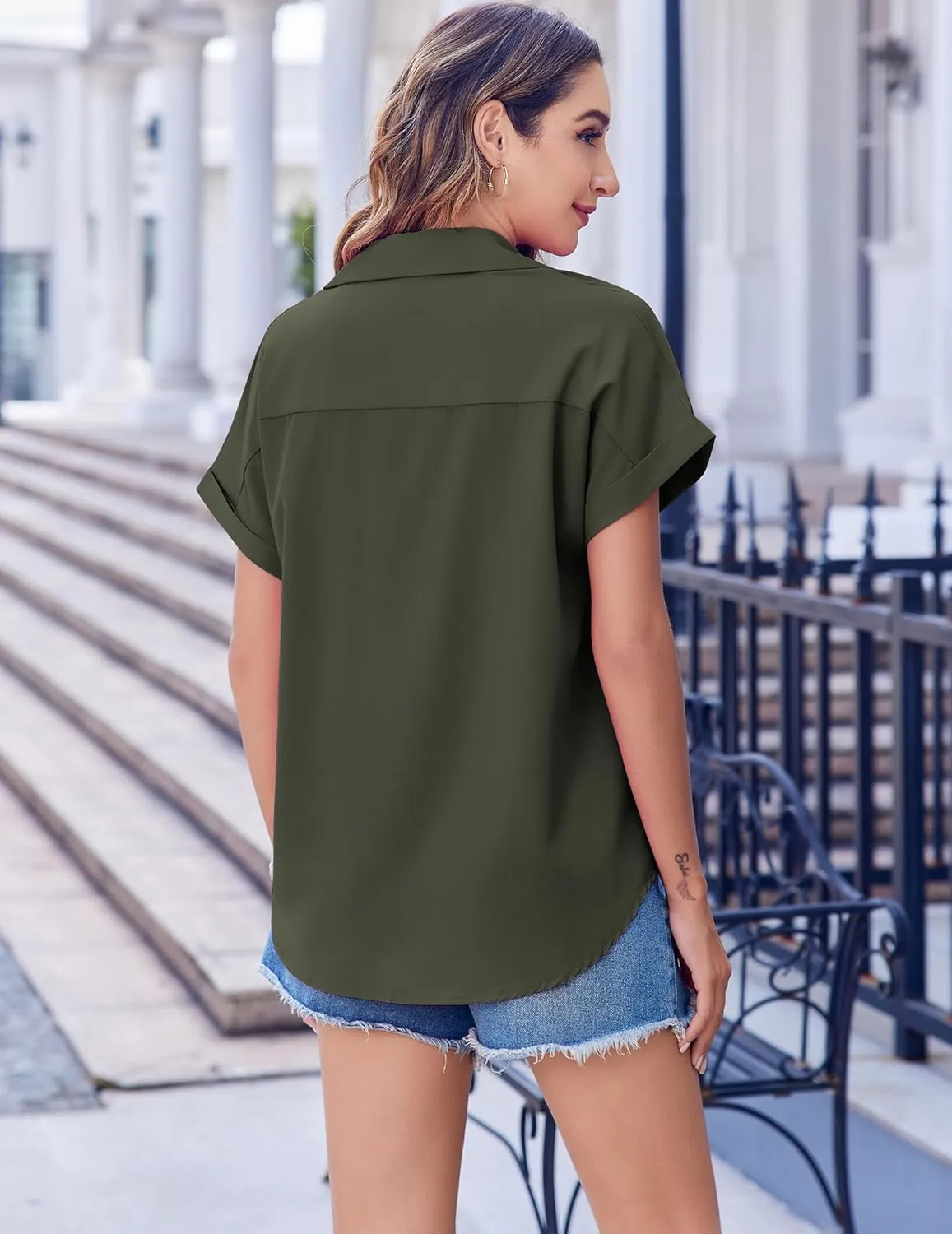 Zeagoo Short Sleeve Summer Tops for Women Casual Button Down Shirts Solid/Striped Business Work Blouses