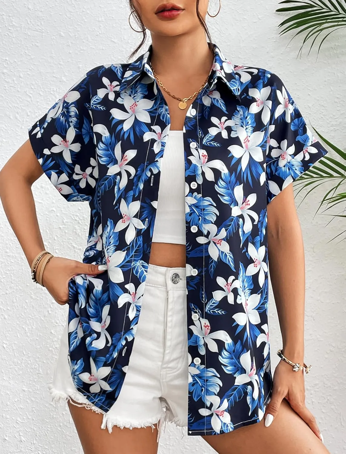 Zeagoo Women's Hawaiian Button Down Shirts Casual Short Sleeve Floral Tropical Print Summer Blouse Tunic Top