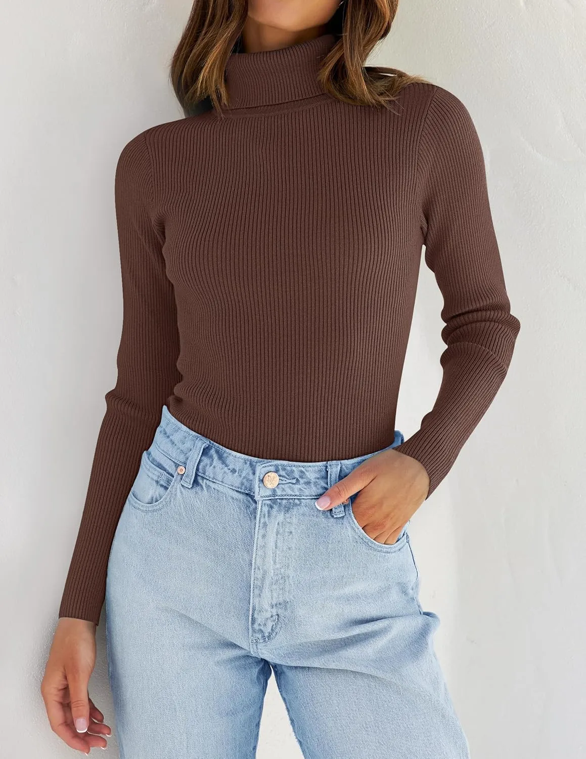 ZESICA Women's Turtleneck Long Sleeve Shirts Spring Basic Tops Slim Fitted Ribbed Knit Sweater