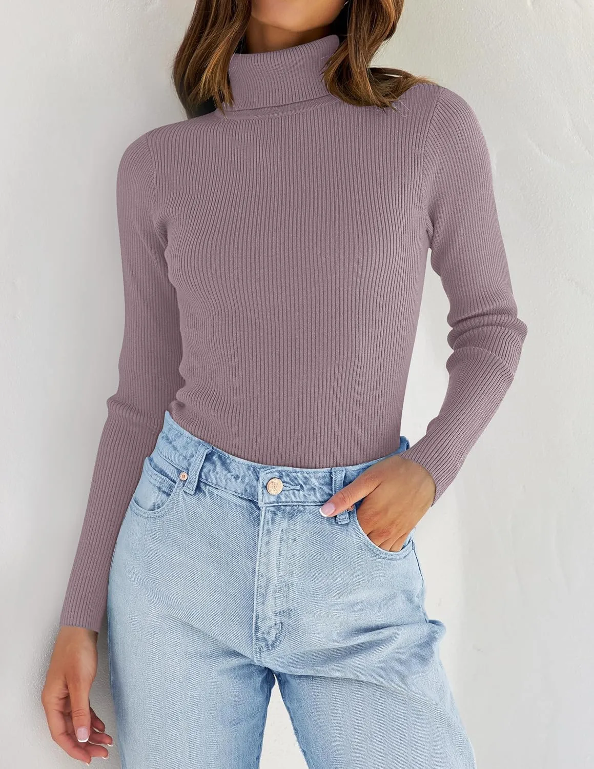 ZESICA Women's Turtleneck Long Sleeve Shirts Spring Basic Tops Slim Fitted Ribbed Knit Sweater