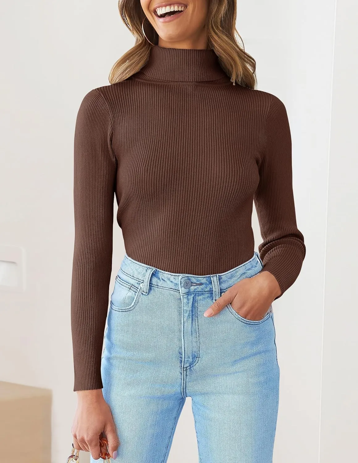 ZESICA Women's Turtleneck Long Sleeve Shirts Spring Basic Tops Slim Fitted Ribbed Knit Sweater