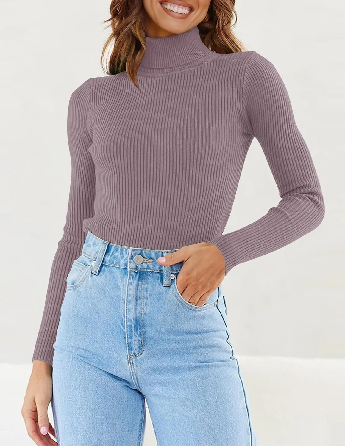 ZESICA Women's Turtleneck Long Sleeve Shirts Spring Basic Tops Slim Fitted Ribbed Knit Sweater