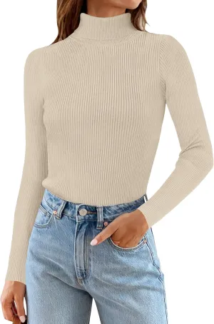 ZESICA Women's Turtleneck Long Sleeve Shirts Spring Basic Tops Slim Fitted Ribbed Knit Sweater