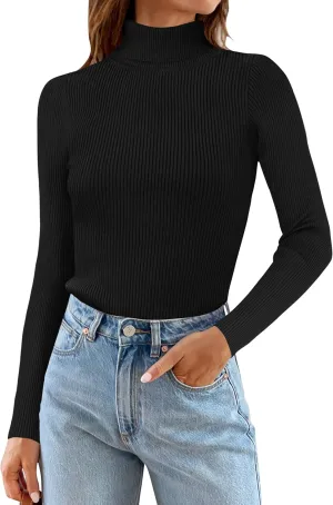 ZESICA Women's Turtleneck Long Sleeve Shirts Spring Basic Tops Slim Fitted Ribbed Knit Sweater