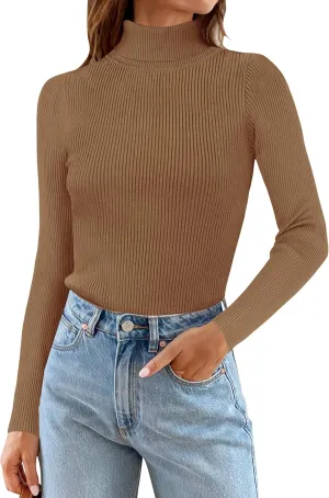 ZESICA Women's Turtleneck Long Sleeve Shirts Spring Basic Tops Slim Fitted Ribbed Knit Sweater