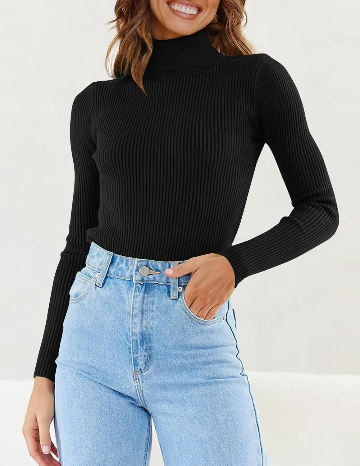 ZESICA Women's Turtleneck Long Sleeve Shirts Spring Basic Tops Slim Fitted Ribbed Knit Sweater