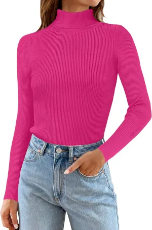 ZESICA Women's Turtleneck Long Sleeve Shirts Spring Basic Tops Slim Fitted Ribbed Knit Sweater